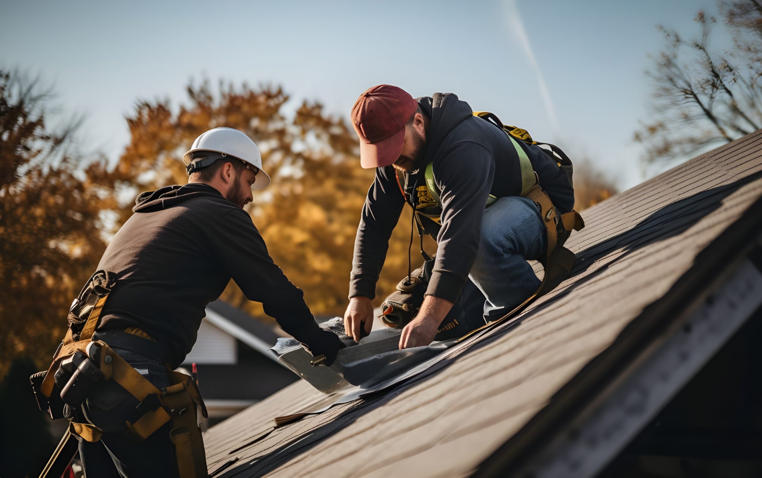 Two men work to tile sheet and repair the roof.