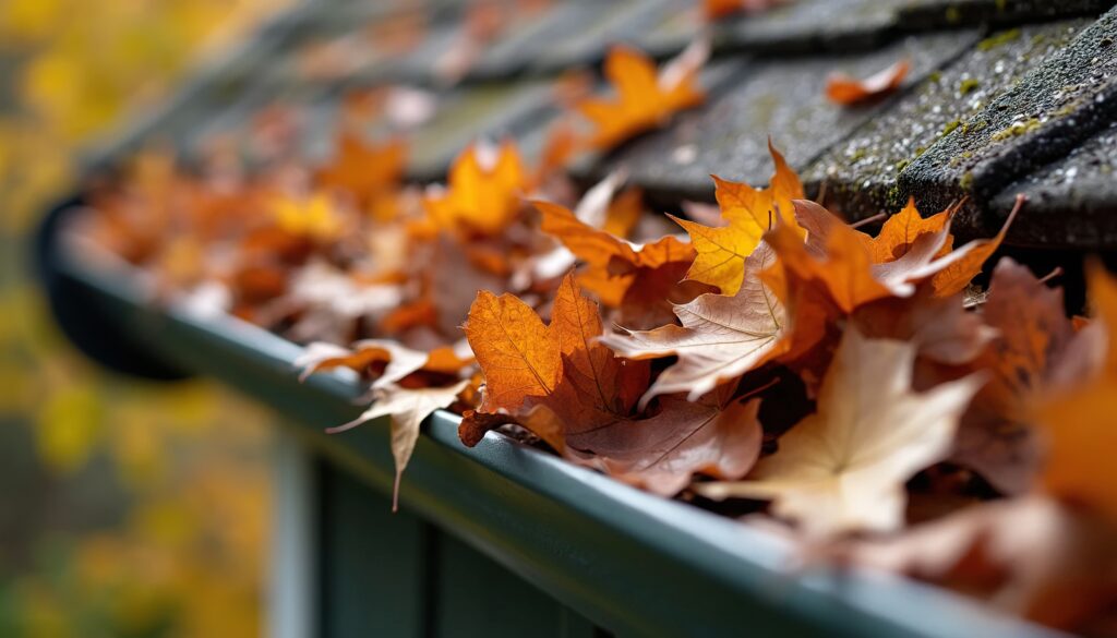 Gutter on a shingled house full of leaves and other debris.