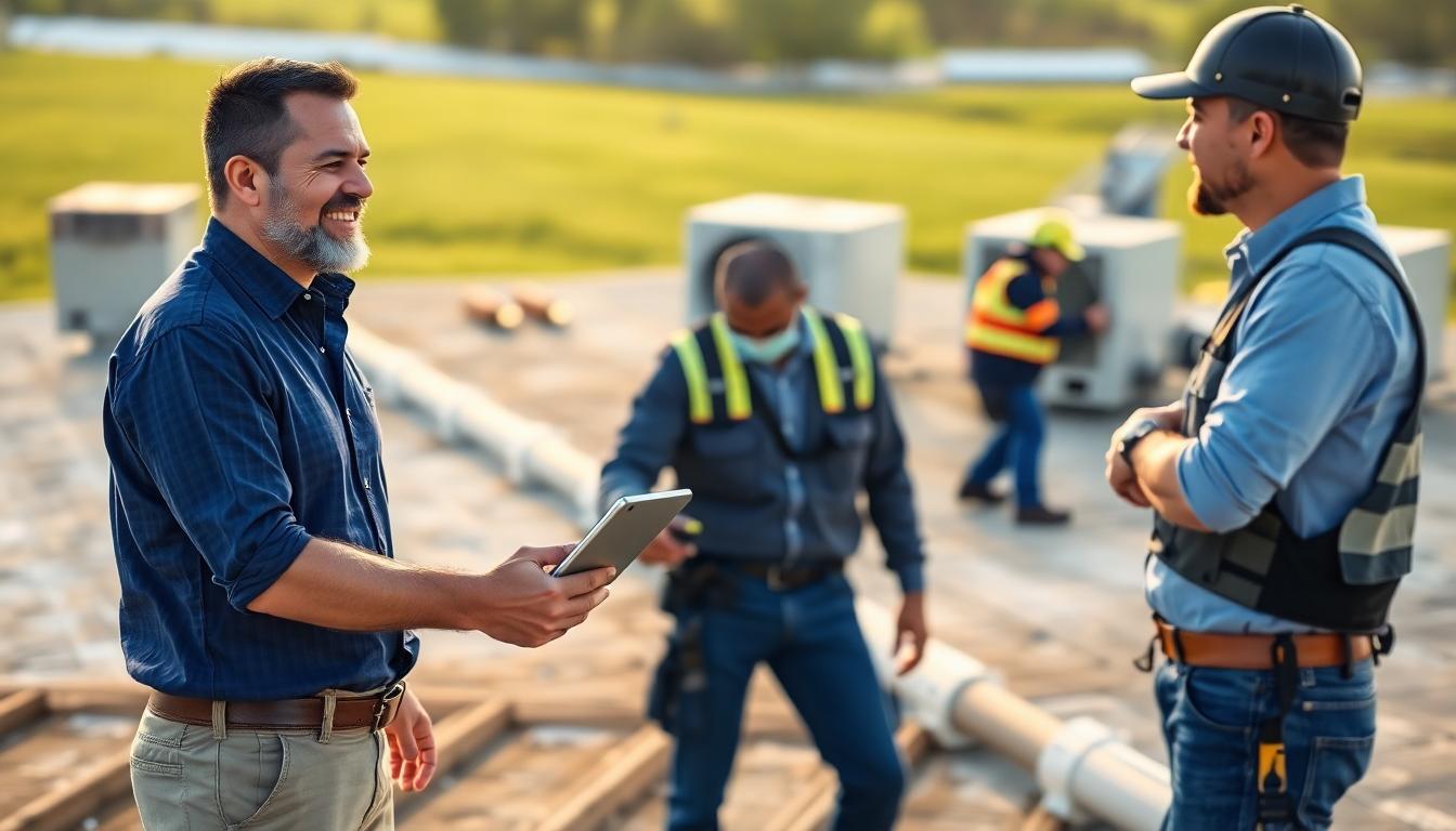 Contractor and business owner smiling and discussing project details.